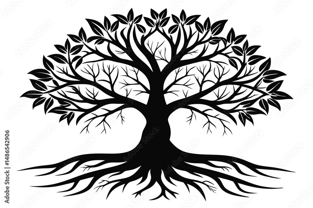 Obraz premium Stylized Black Tree Silhouette with Roots and Leaves against a Plain Background