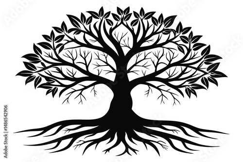 Stylized Black Tree Silhouette with Roots and Leaves against a Plain Background