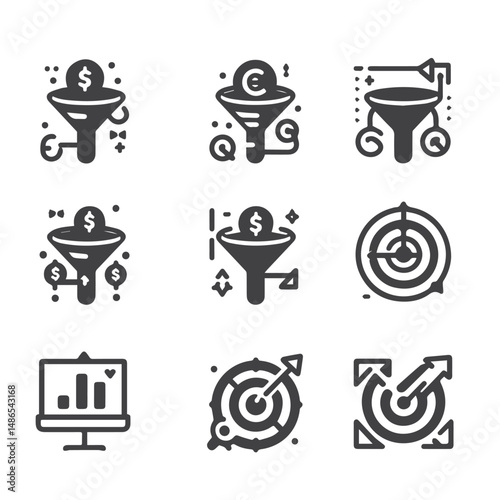 Business strategy, business plan, mission vision, growth chart, profit analysis, market research, goal setting sales funnel SWOT analysis strategic thinking roadmap financial goal icon set