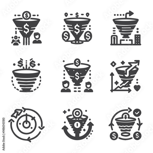 Business strategy, business plan, mission vision, growth chart, profit analysis, market research, goal setting sales funnel SWOT analysis strategic thinking roadmap financial goal icon set