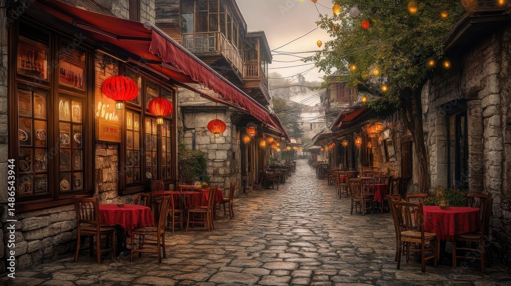 Fototapeta premium Atmospheric cobblestone street with red lanterns and restaurants at night