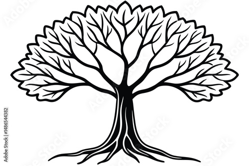 Silhouette Tree with Roots and Branches Illustration, Black Outline, Decorative Tree Image