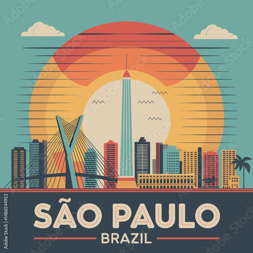 São Paulo Brazil Vintage Poster with City Obelisk View