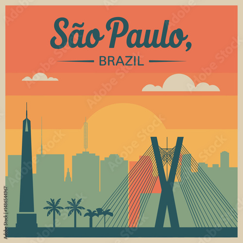 São Paulo Brazil Vintage Poster with City Obelisk View