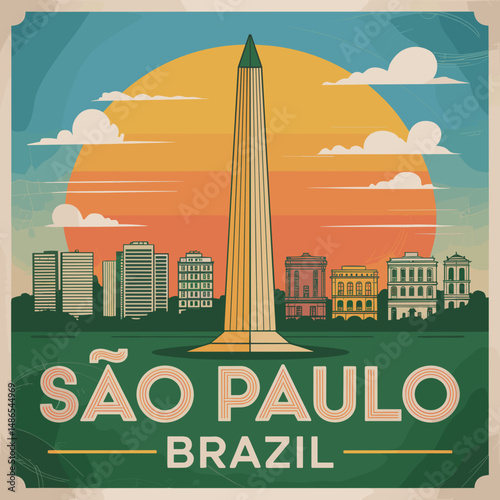 São Paulo Brazil Vintage Poster with City Obelisk View