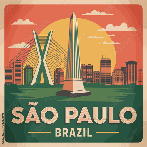 São Paulo Brazil Vintage Poster with City Obelisk View