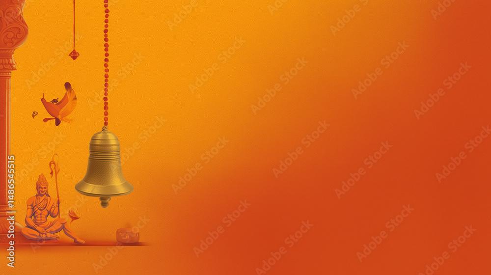Obraz premium Hanuman Ji’s gada and bell symbolic icons in corners, empty orange gradient