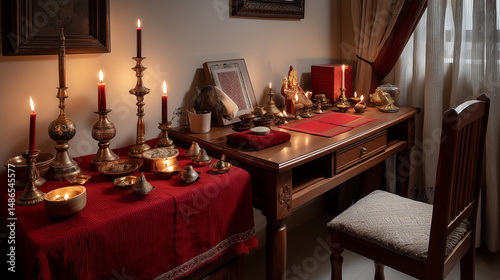 
Traditional pooja room setup, festive lamps, red cloth, empty desk center

