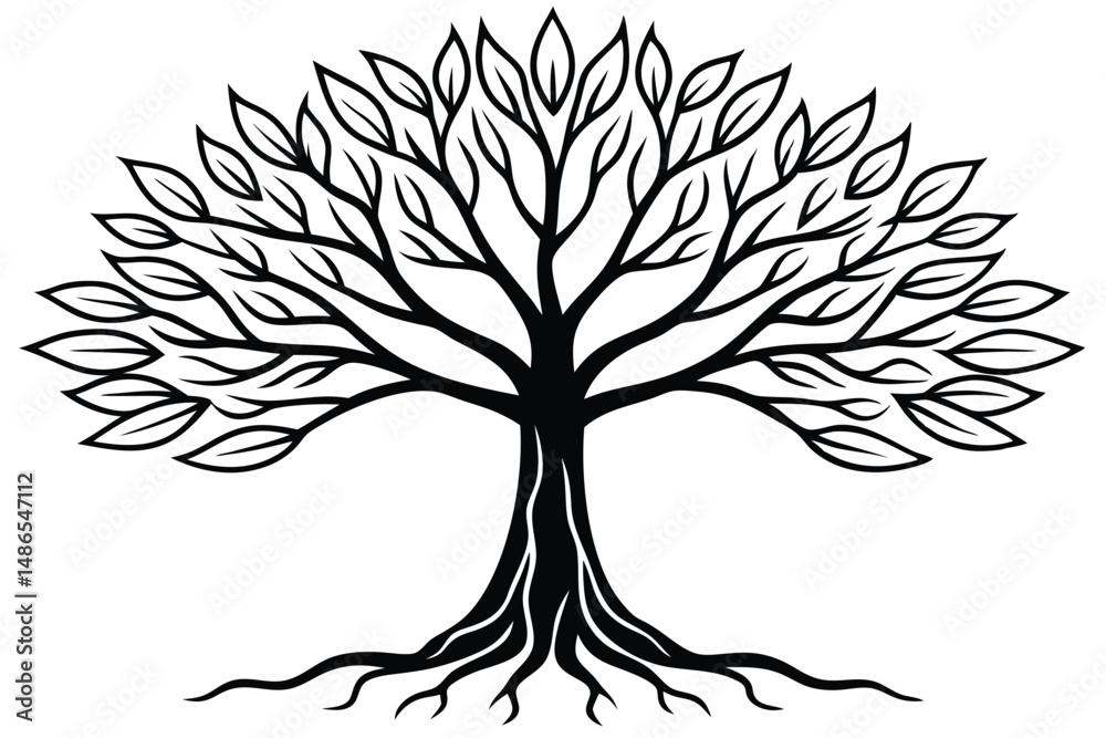 Obraz premium Black Silhouette of Detailed Tree with Roots, Branches and Leaves Illustration