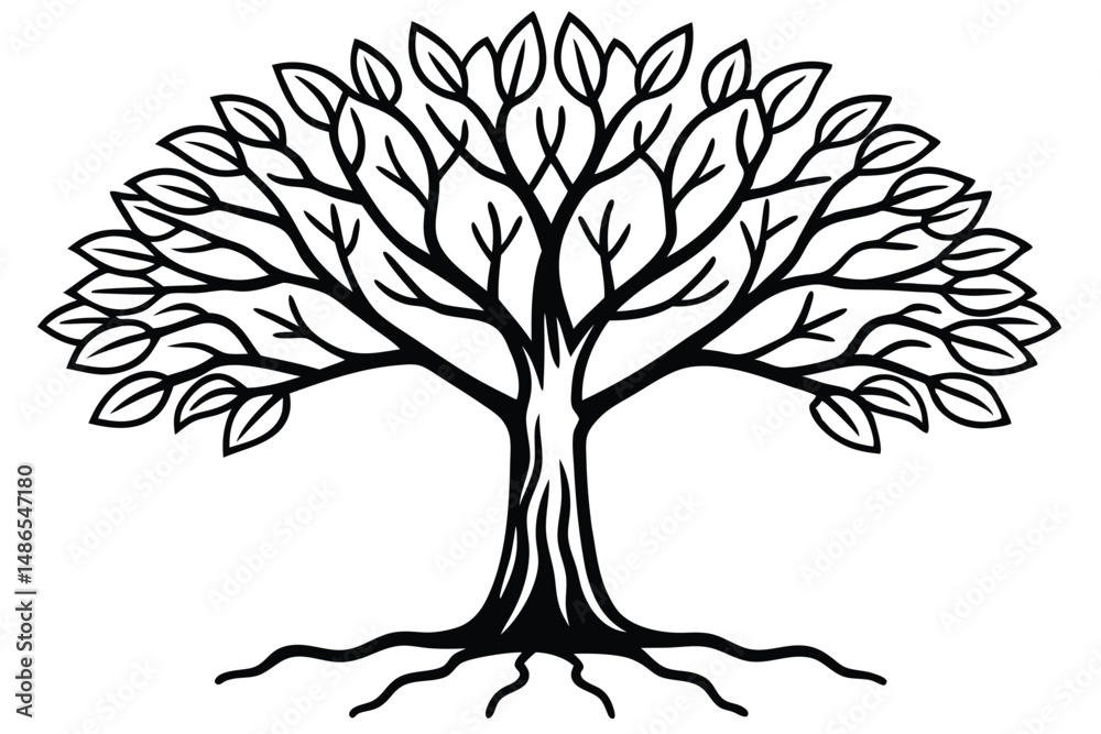 Obraz premium Graphic Black Tree Illustration with Leaves and Roots, Silhouette Style Image