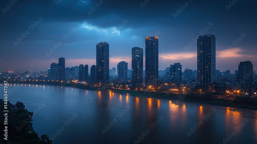 Fototapeta premium Twilight cityscape reflected in tranquil river.