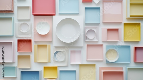 Pastel containers and bowls flatlay minimalist shape and color composition