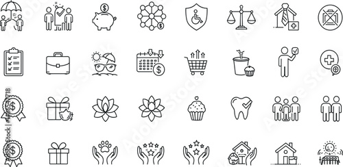 Employee Benefits Line Editable Icons set. Vector illustration in modern thin line style of business related icons: bonuses, paid leave, maternity leave, pension, and more.