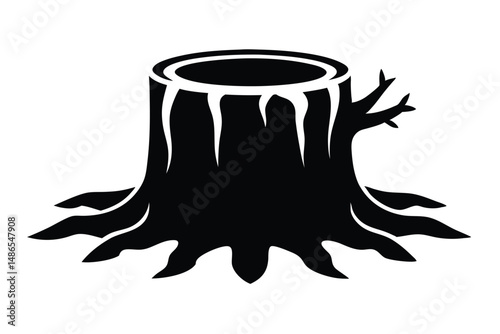 Silhouette Illustration of a Solid Black Tree Stump with Branch Remnants and Root Structure