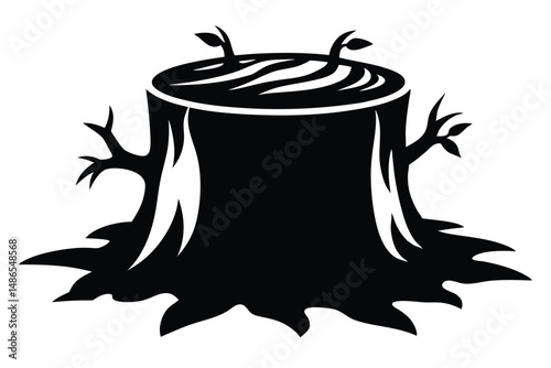 Silhouette of a Tree Stump with New Shoots and Branch Stubs Isolated
