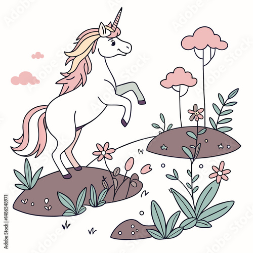 Fantasy Unicorn Group Dreamland Setting Vector Illustration