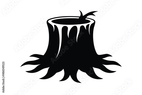 Graphic Depiction of a Dark Tree Stump with Roots and Budding Sprout