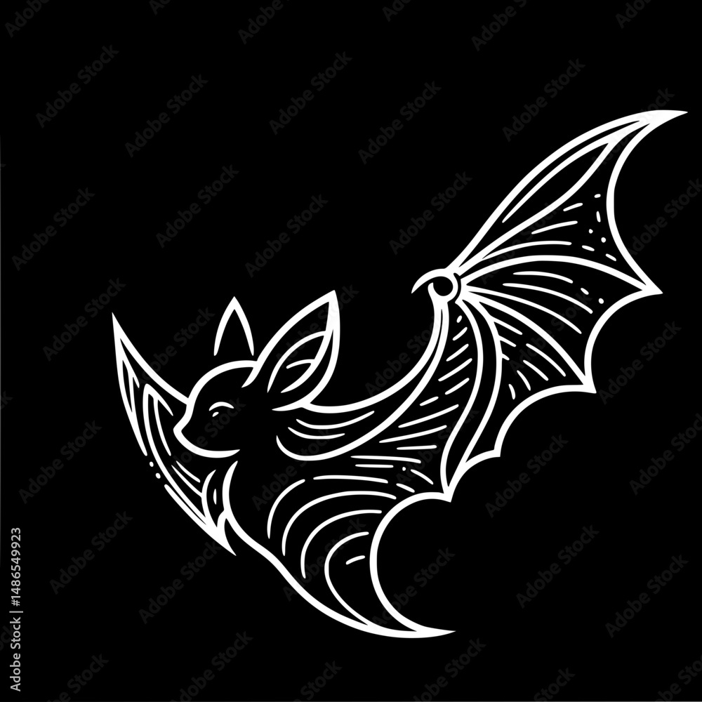 Obraz premium Bat in flight with stylized lines on a black background - Concept of single line outline vector 