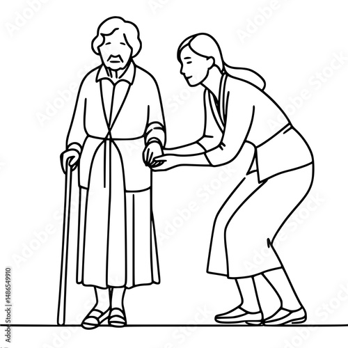 Elderly woman assisted by caregiver in a supportive role - Concept of single line outline vector  