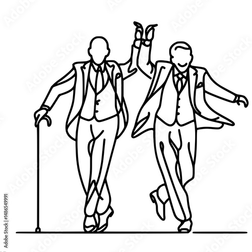 Two men dancing joyfully in elegant suits with a vintage style - Concept of single line outline vector  