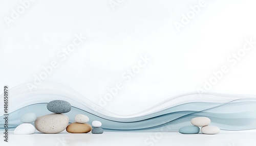 Serene Minimalist Scene of Smooth Pebbles Under a Calm Blue Wave