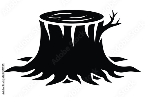 Stylized Black Tree Stump Illustration with Branch, Detailed Base Root Structure and Top Pattern