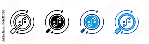 Analyze Plan - Multi Style - Magnifying glass over strategic route with arrows, symbolizing analysis and review of a tactical plan