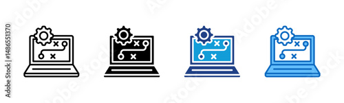 Digital Plan - Multi Style - laptop with gear and route markers, indicating online or digital strategy planning