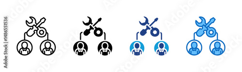 Team Tools - Multi Style - Gear and wrench linked to team members, representing collaborative setup and planning
