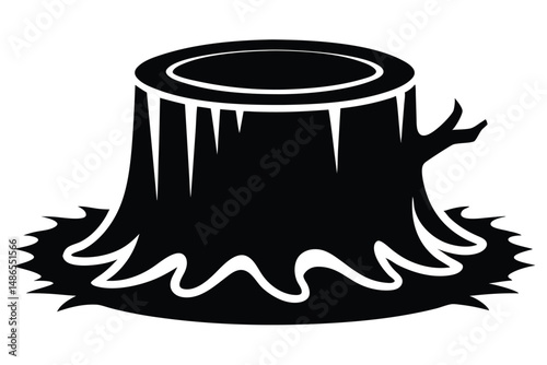 Isolated Black Wood Stump with Root Base and a Small Branch on Side
