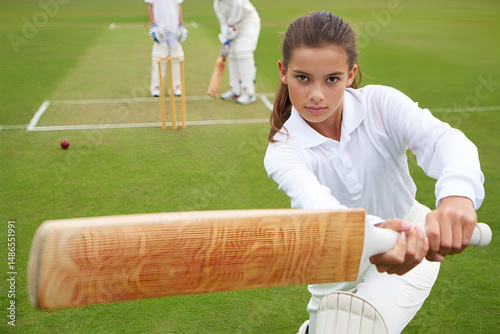 A cricket player is batting, with two other players in the background on a cricket field. photo