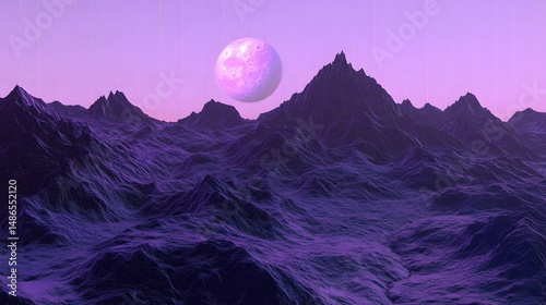 Purple Mountainscape with Pink Moon Digital Art