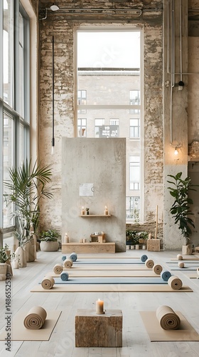 Modern, minimalist yoga studio with natural elements