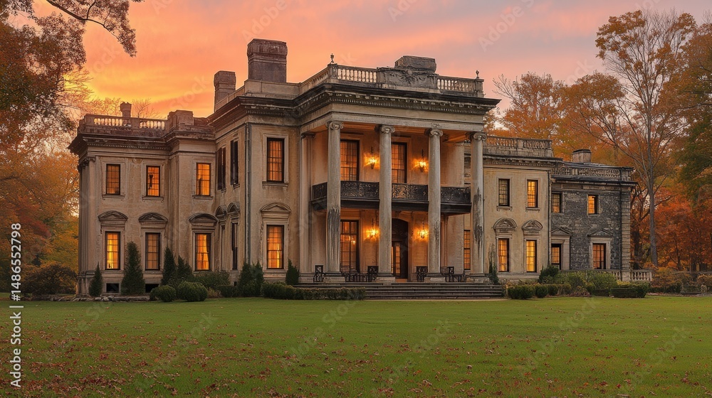 Obraz premium Grand estate mansion at golden hour.