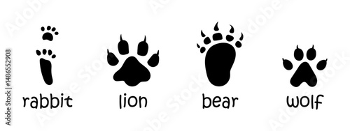 Vector set of animal footprints. Collection with rabbit, lion, bear and wolf footsteps tracks. Paw trace in black color. Animal feet silhouette collection.