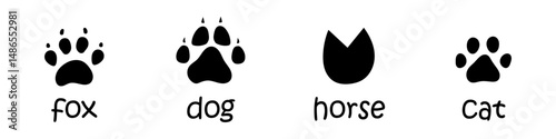 Vector set of animal footprints. Collection with fox, dog, horse and cat footsteps tracks. Paw trace in black silhouette. Animal feet collection.