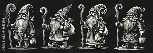 Scandinavian gnomes set, black and white engraving, hand drawn, bold lines, classic linocut technique, isolated on black, highly detailed retro style vector illustration for printing on black backgrou