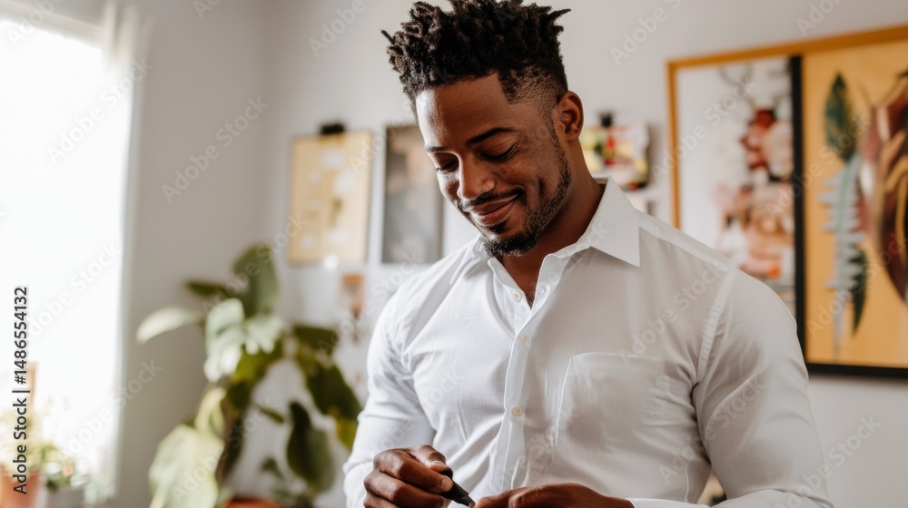 Obraz premium Focused man writing holding pen wearing white shirt indoors natural lighting casual business portrait