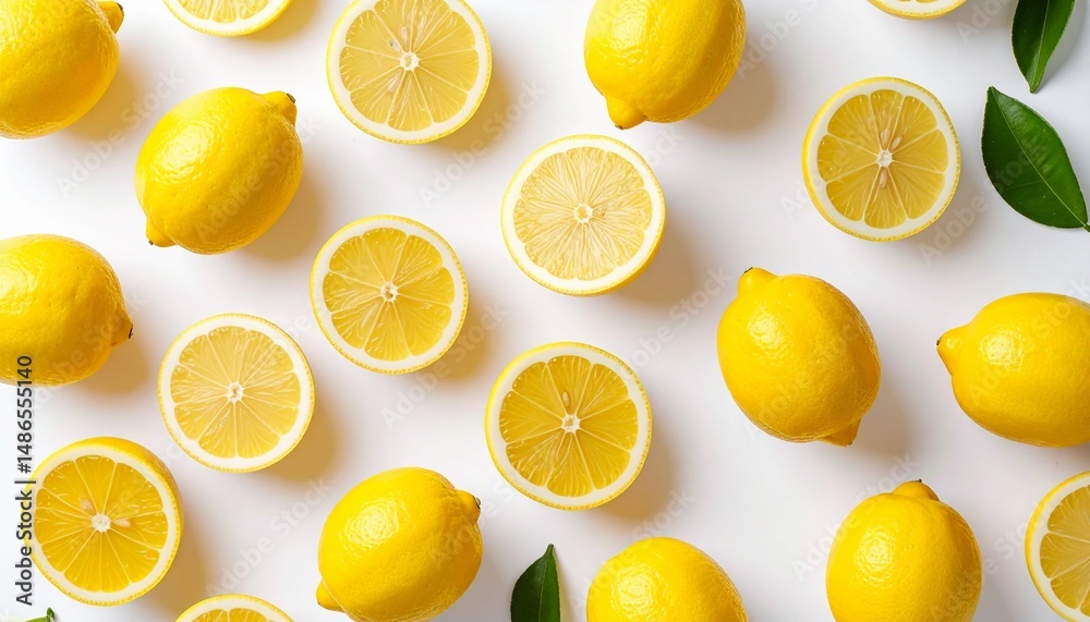 Close-up of Juicy Yellow Lemon Halves and Whole Lemons on White Background A Vibrant Citrus Pattern Close-up of Juicy Yellow Lemon Halves and Whole Lemons on White Background A Vibrant Citrus Pattern