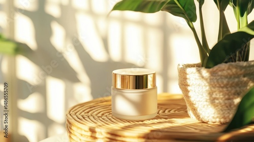White cream jar with gold lid and plant natural sunlight minimalist aesthetic