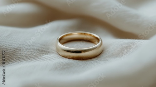 Elegant gold wedding band on soft fabric closeup photography