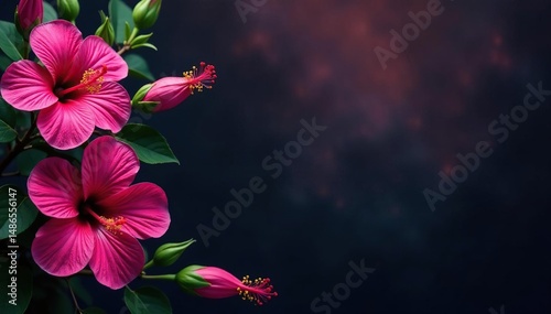 Bold fuchsia hibiscus blooms on dark backdrop , dark, hibiscus, fabric