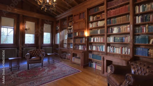A library room with wooden bookshelves and leather armchairs under a chandelier light fixture