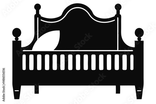 A black and white bed features a curved headboard with a single white pillow