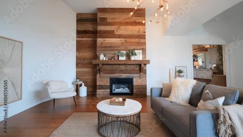 Interior living room view showcasing fireplace wood paneling and modern furniture arrangement style home decor