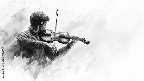 A grayscale illustration of a violinist playing