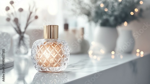 Elegant perfume bottle on marble surface home decor background