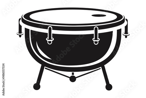 Timpani drum illustration displays bold black silhouette against a clean, stark white backdrop