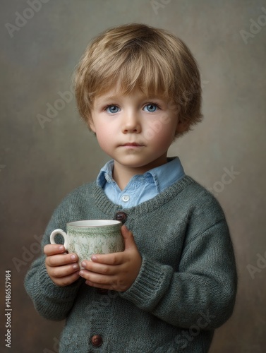 Young Boy with Teacup: A Serene Portrait in Muted Tones