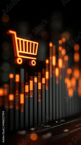 Digital shopping cart icon symbolizes e-commerce growth with bar graphs illuminating the future of online retail and transactions.E-Commerce Growth Concept – Digital Shopping Cart with Analytics Graph